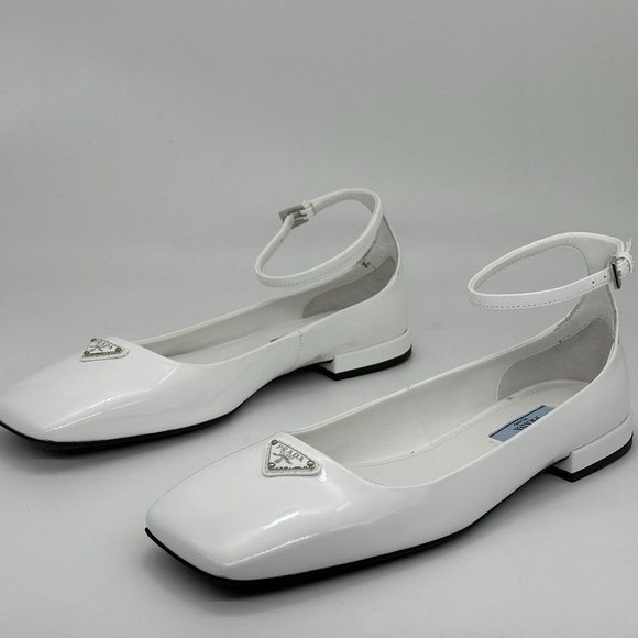 PRADA Logo Patent Leather Square Toe Ankle Strap Flat Ballerina Flat Sho… - Picture 10 of 16